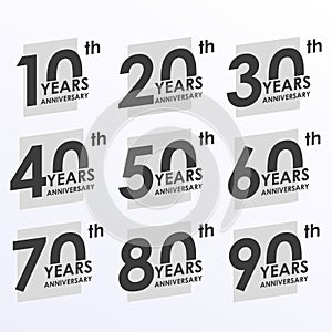 Anniversary icon set. 10, 20, 30, 40, 50, 60, 70, 80, 90 years Anniversary badges collection. Modern logos or labels design for Bi